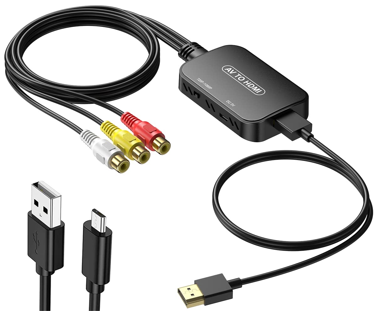 Convertidor RCA a HDMI, adaptador Viagkiki AV a HDMI, convertidor de audio compuesto RCA a HDMI para PS1, PS2, PS3, STB, Xbox, VHS, VCR, reproductores de DVD de rayos negros (cable HDMI incluido)