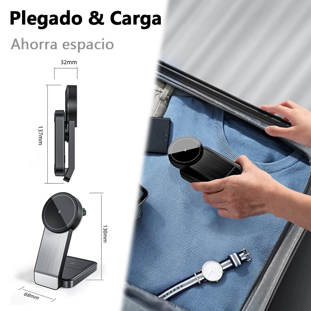 KIWOP 3 En 1 Cargador Inalámbrico Magnético, Cargador Inalambrico, 15W Carga Rápida, Fuerza Magnética de 12N, Diseño Plegable, Compatible con Magsafe iPhone15/14/13/12/11Series/iWatch/AirPods Series.