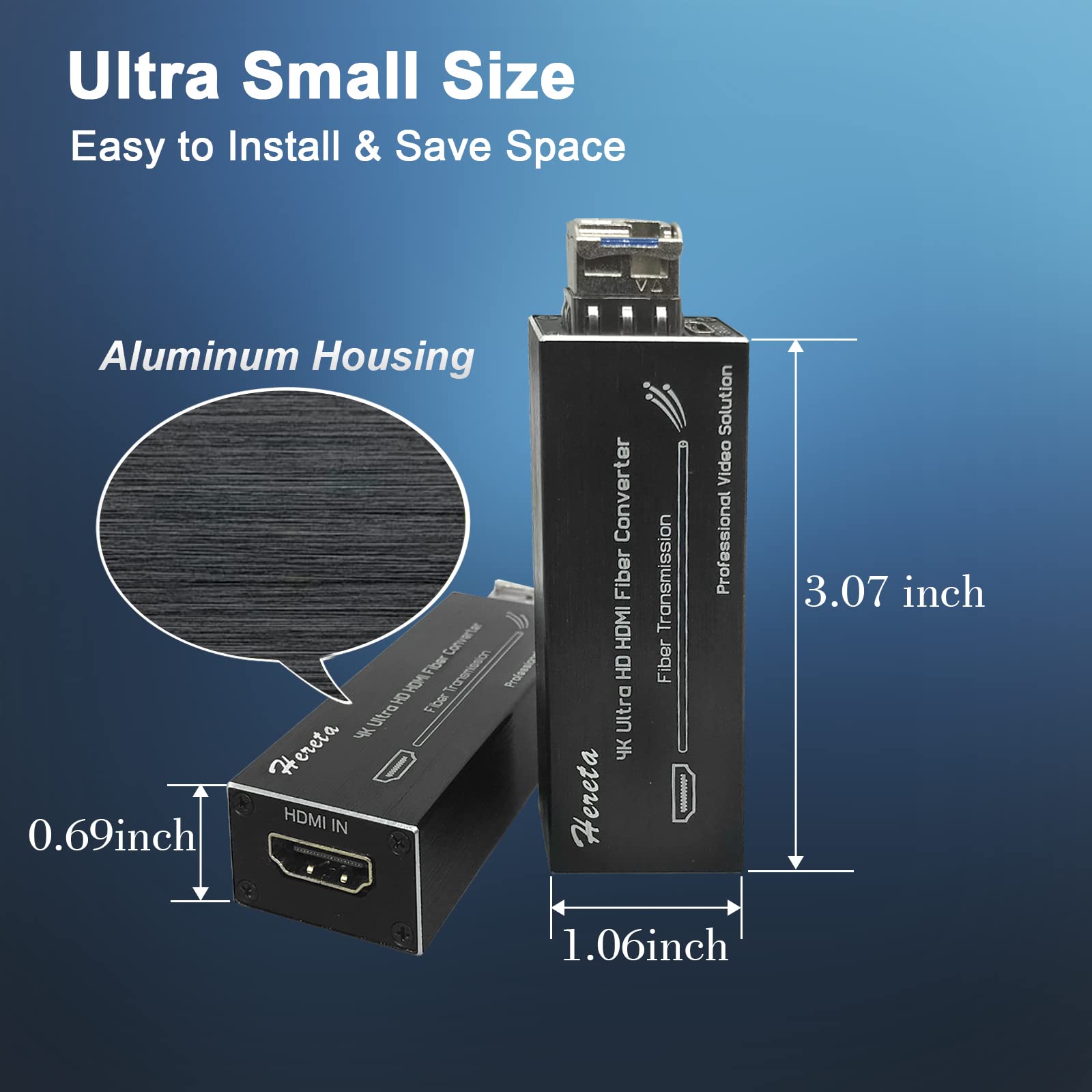 Hereta Extensor de fibra HDMI 4K con módulo SFP (puerto LC) Mini transceptor óptico sobre fibra monomodo - sin comprimir, sin pérdidas, sin latencia, velocidad de datos de video de hasta 10.3Gbps