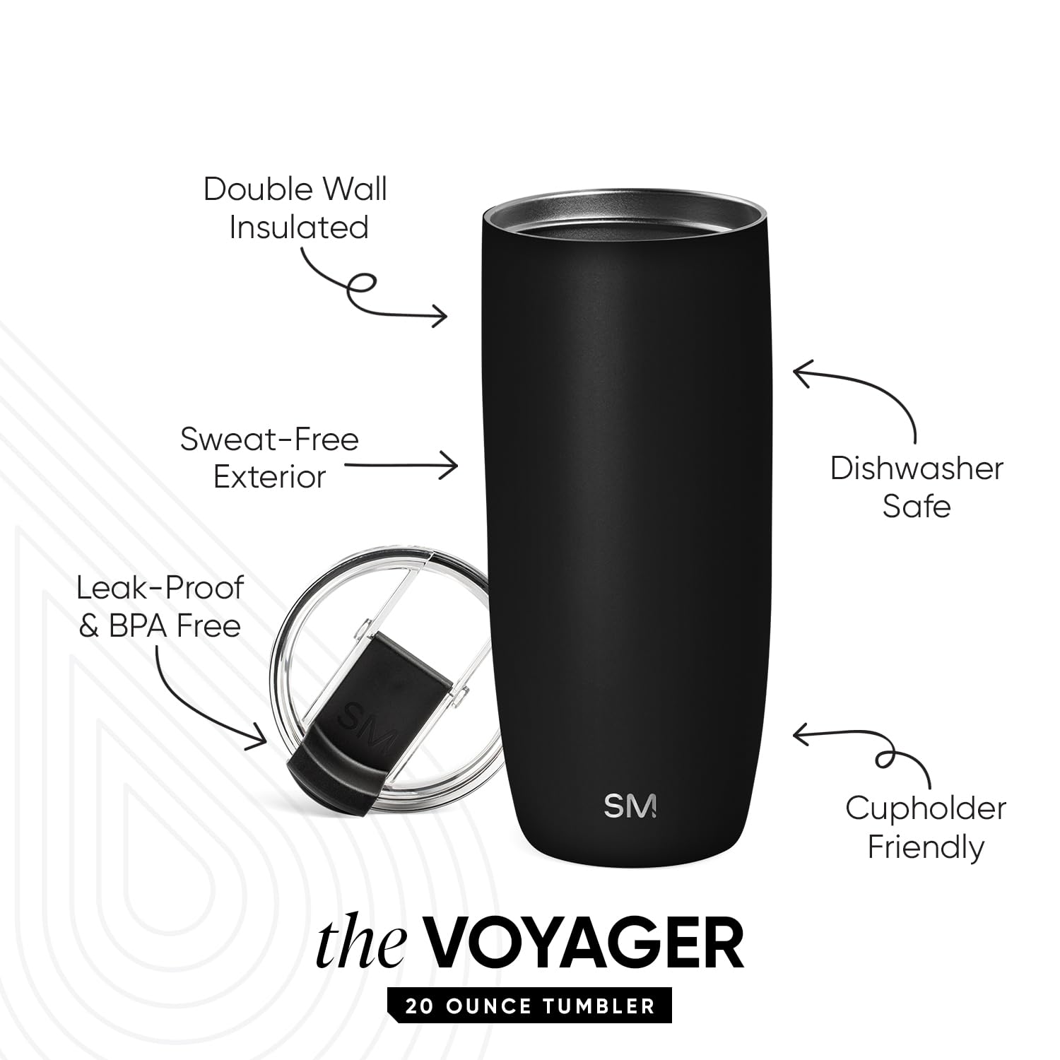 Taza de Café para Viajes Simple Modern Midnight Black con Tapa Abatible Aislada en Acero Inoxidable Voyager para Mujeres y Hombres