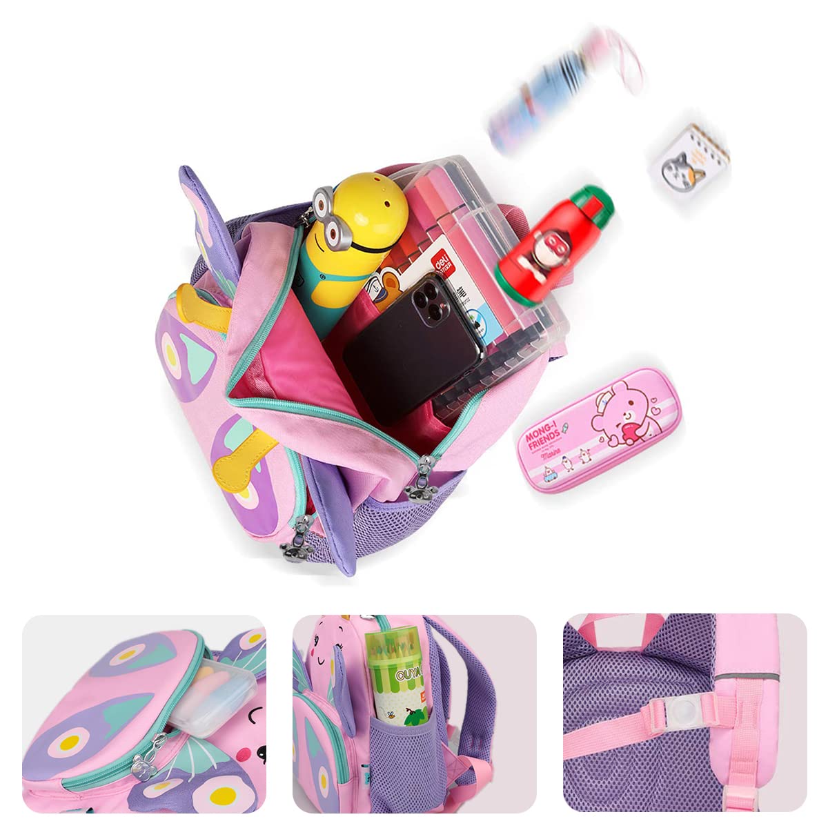 CAMTOP - Mochila para niños pequeños con dibujos animados en 3D, para niñas, niños, viajes, guardería, rosado (Butterfly-pink), 1-4 años, Moderno