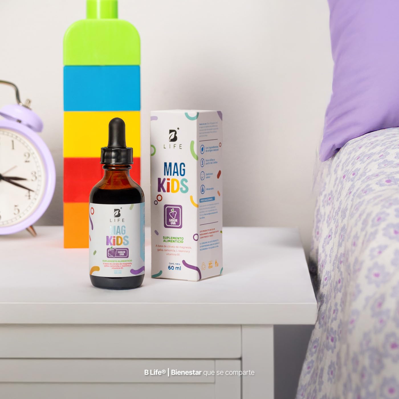 Citrato de Magnesio de 60 ml. 2 meses de consumo. Adicionado con Teanina, Vitamina B1 y Gaba para niños. Sabor Uva. Kids Mag. B Life.