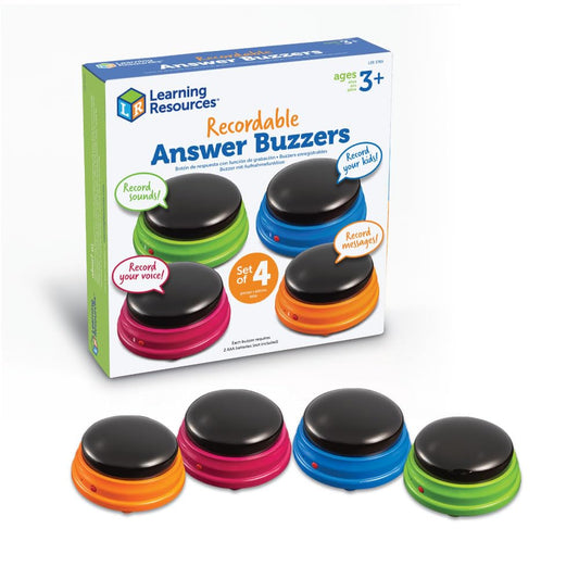 Learning Resources Recordable Answer Buzzers, Zumbadores para Juegos, Botones grabables, Perfecto para Noches de Juegos Familiares o Trivia, Set de 4, para Niños Mayores de 3 años