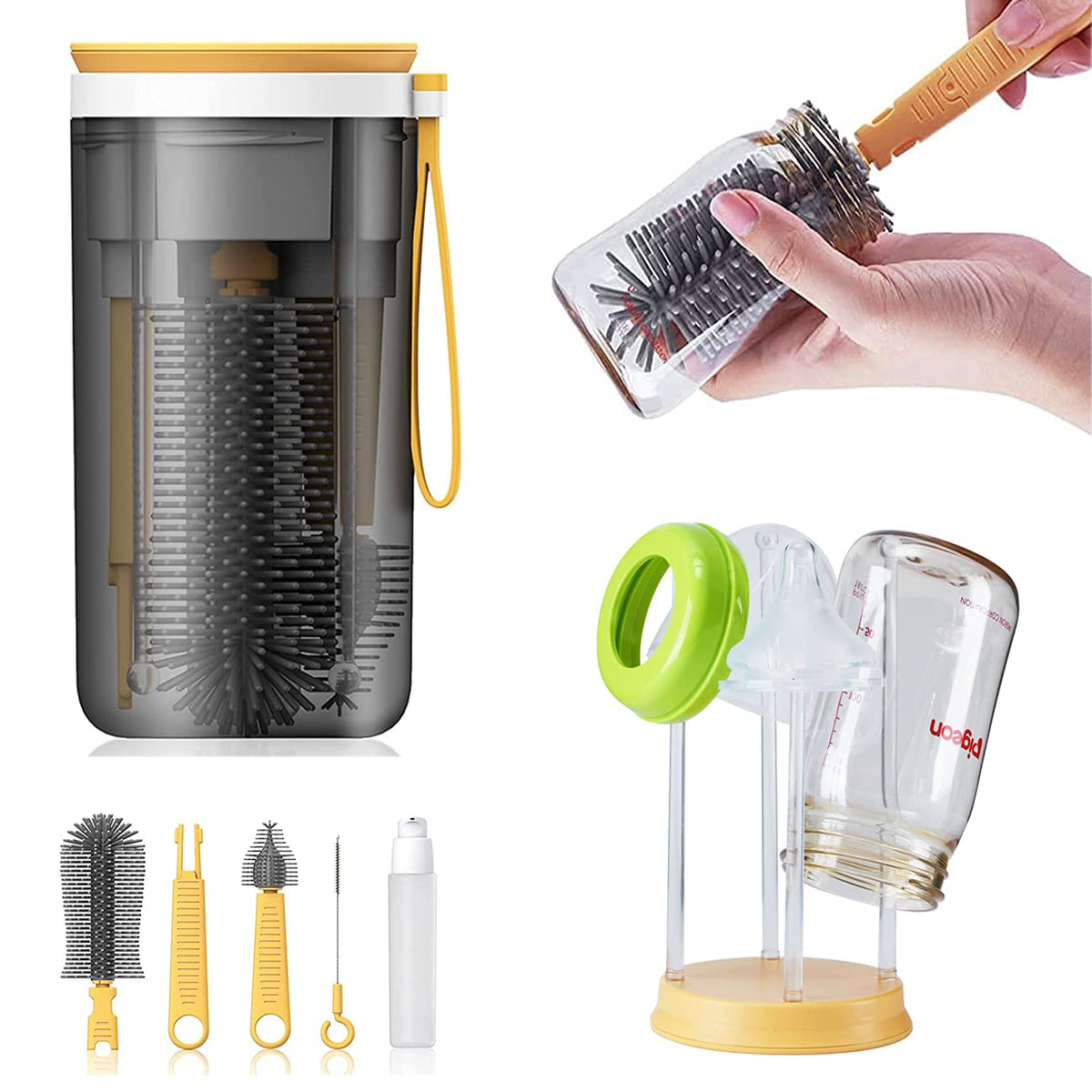 Estante de secado de biberones de viaje con juego de cepillo de limpieza de botellas y secador de botellas, cepillo para biberones, cepillo para pezón y cepillo para pajita para limpieza de biberones, amarillo