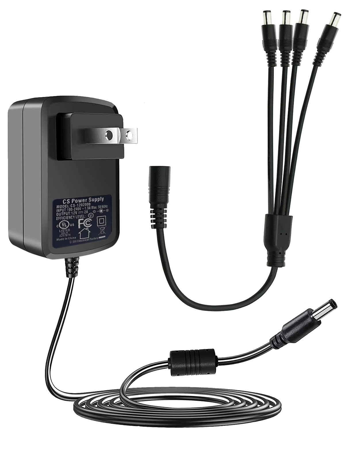 Lonnky - Cargador 12v, Adaptador de Corriente para Cámara de Seguridad DC 12 V 2 A con Divisor de 1 a 4 Potencias para Sistema de Cámara de Seguridad CCTV, Certificado ULFCC para América del Norte