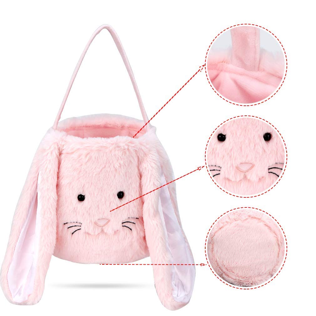 PKONEWNO Cesta de caza de huevos de Pascua, canasta de conejo de Pascua, cubos de Pascua largos para niños, niñas y bebés, Rosado, 8.26in/21cm*7.87in/20cm