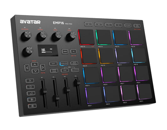 HXW EMP16 MIDI Pad Controller Beat Maker Machine con Bluetooth, 16 almohadillas para orejas de ritmo sensibles a la velocidad RGB, 16 niveles, completo/medio nivel, visualización OLED, entrada y