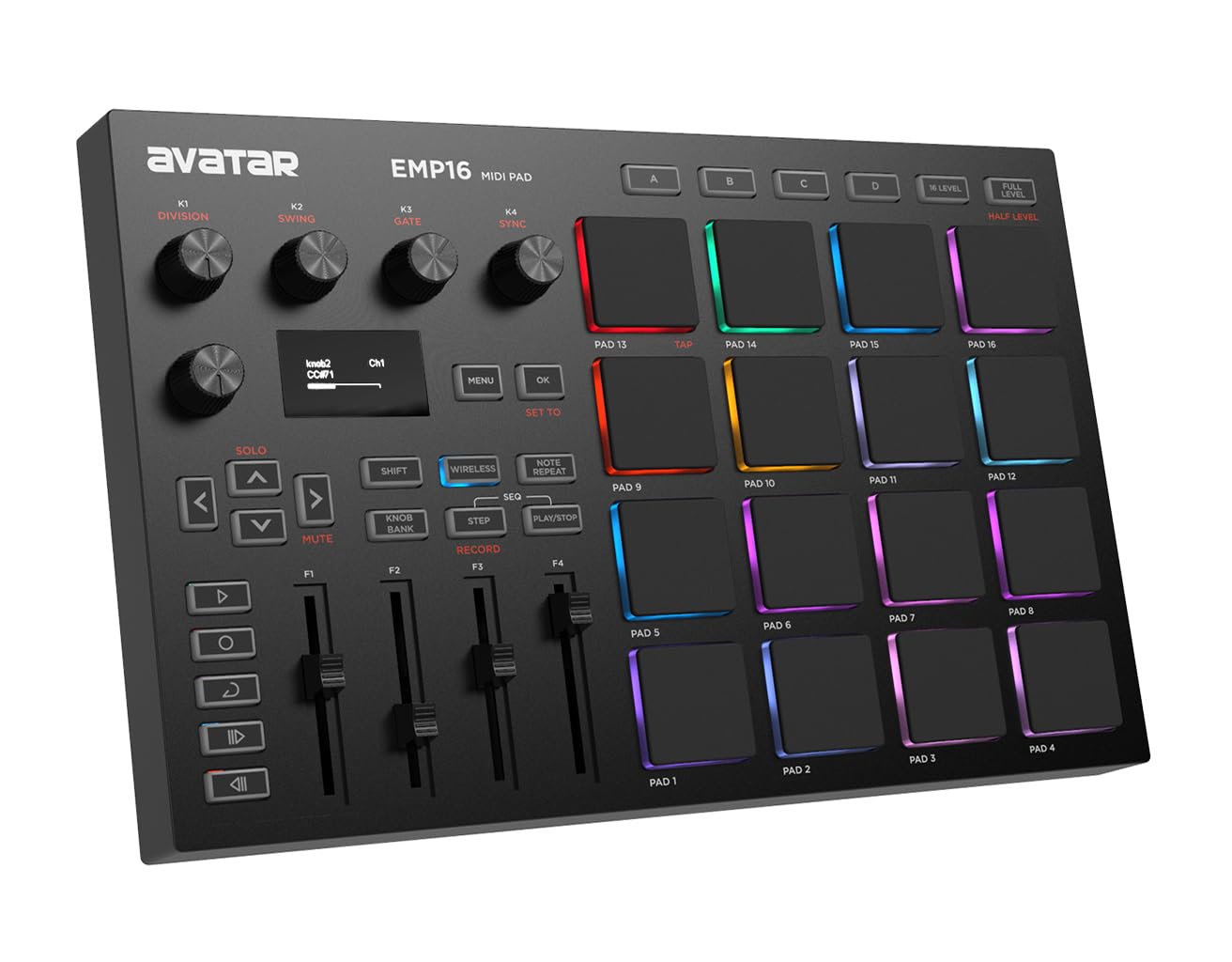 HXW EMP16 MIDI Pad Controller Beat Maker Machine con Bluetooth, 16 almohadillas para orejas de ritmo sensibles a la velocidad RGB, 16 niveles, completo/medio nivel, visualización OLED, entrada y