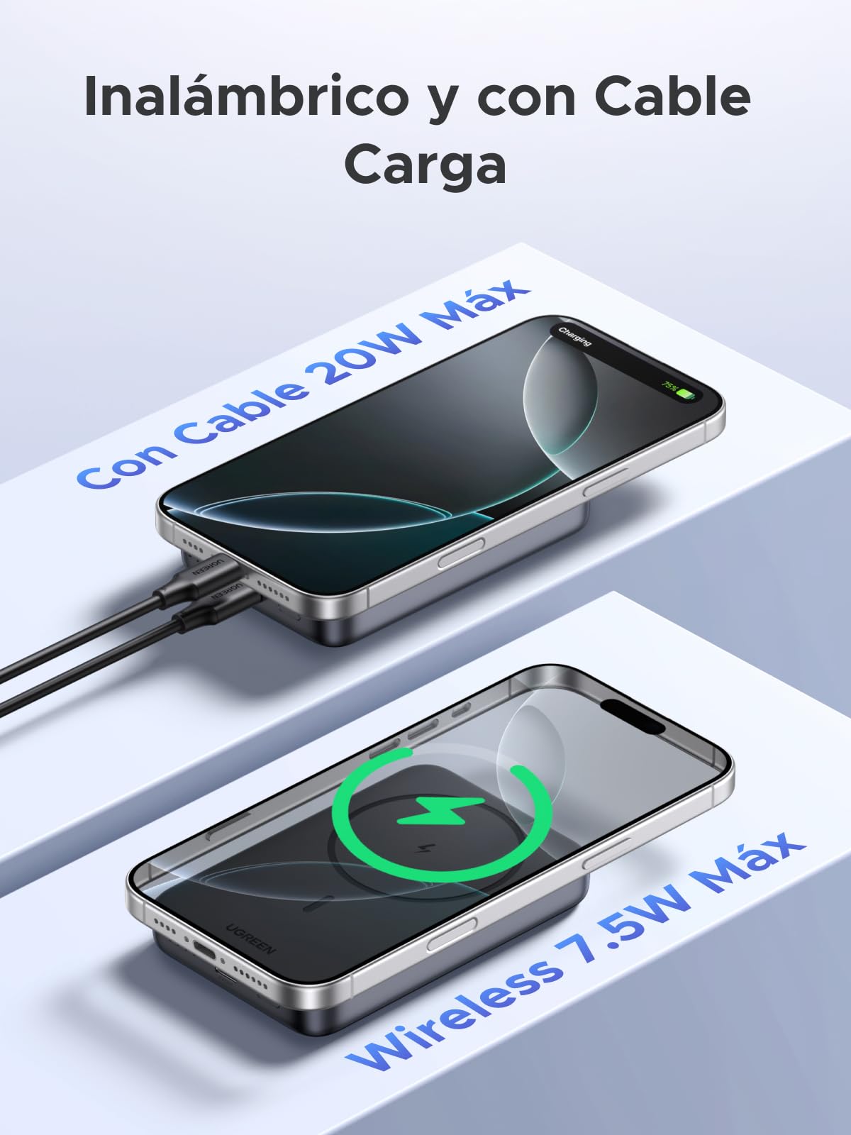 Batería Externa UGREEN Negro 10000mAh con Carga Rápida Inalámbrica PD 20W Magnética USB C Compatible para iPhone, Galaxy, Xiaomi, iPad, LG