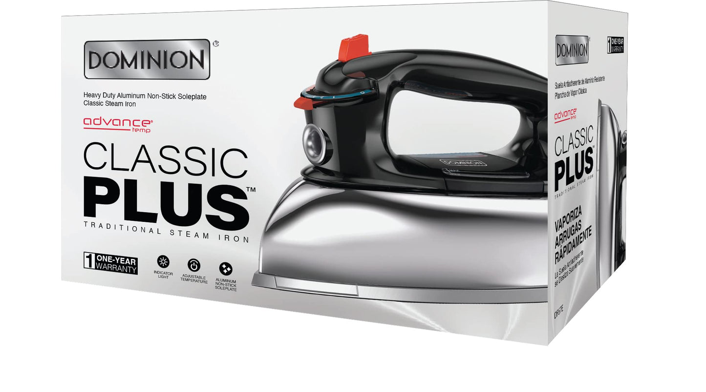 Dominion Clásica + Plancha de vapor retro de 1200 W para ropa con suela antiadherente de aluminio pulido duradero, control de temperatura ajustable