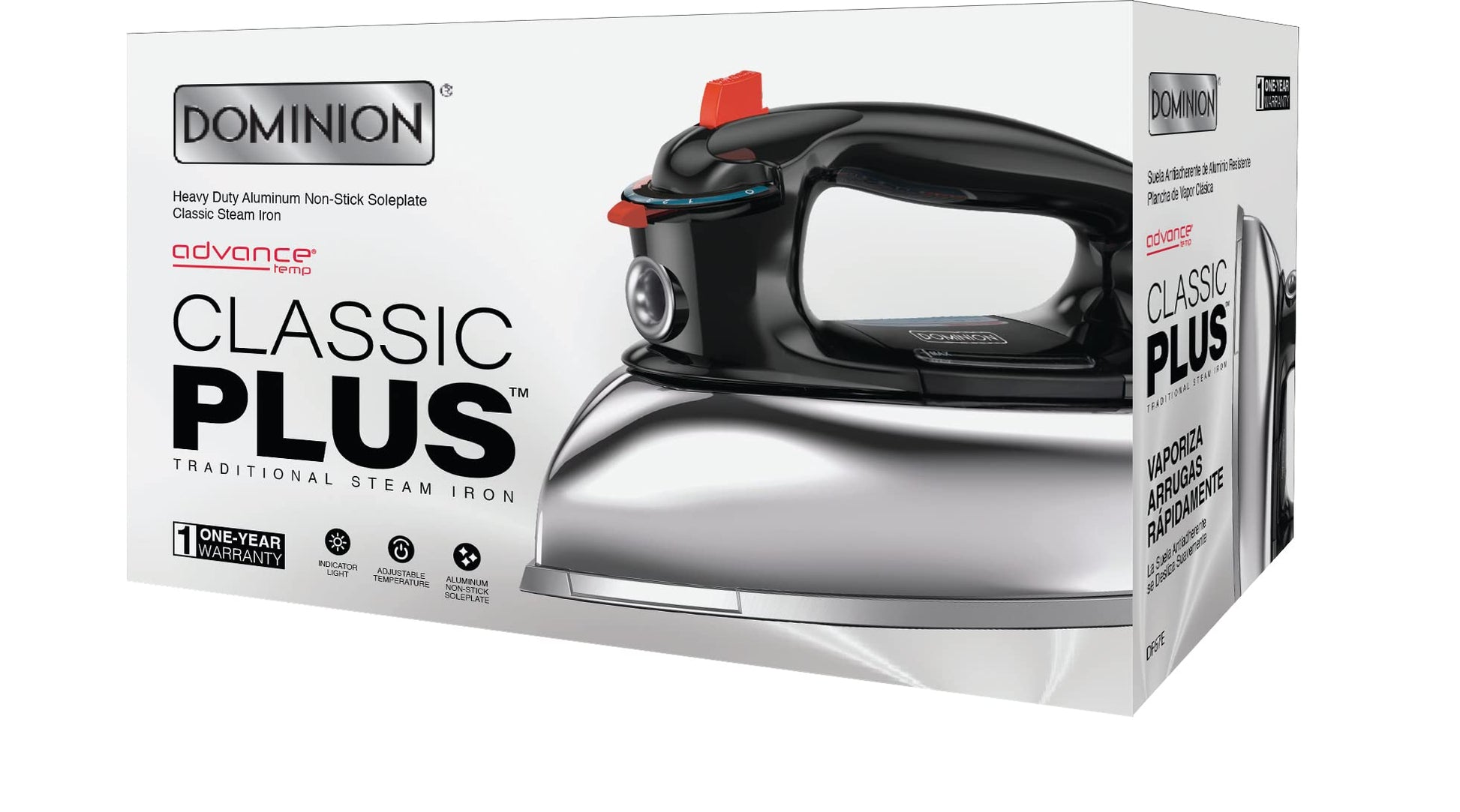 Dominion Clásica + Plancha de vapor retro de 1200 W para ropa con suela antiadherente de aluminio pulido duradero, control de temperatura ajustable