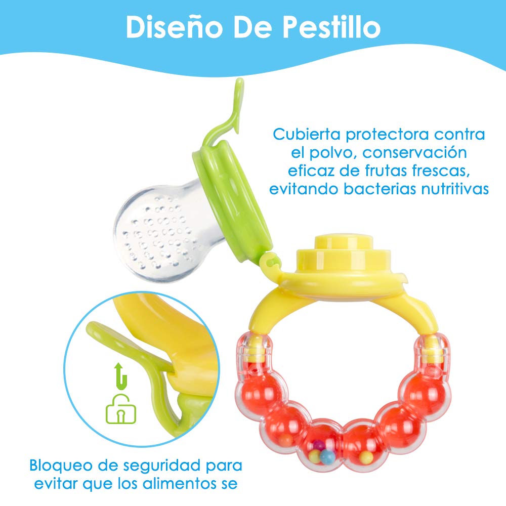HomeChi Contenedor para alimentar al bebé, accesorio para alimentación de bebé, exprimidor de alimentos para bebés, chupete de fruta fresca, Chupon mordedera y 2 piezas de cucharas