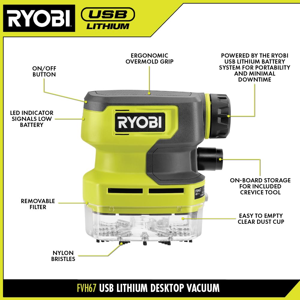 Ryobi - Kit de aspiradora de litio USB de computadora con batería y cargador, FVH67K