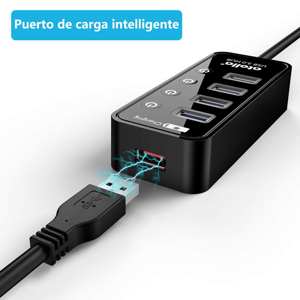 ATOLLA Hub USB 3.0 5 en 1, 4 Puertos Super Speed 5Gbps Multi USB Hub con Interruptor Independiente con 1 Puerto de Carga USB (Longitud del Cable 0,6 Metros, sin Adaptador de CA)
