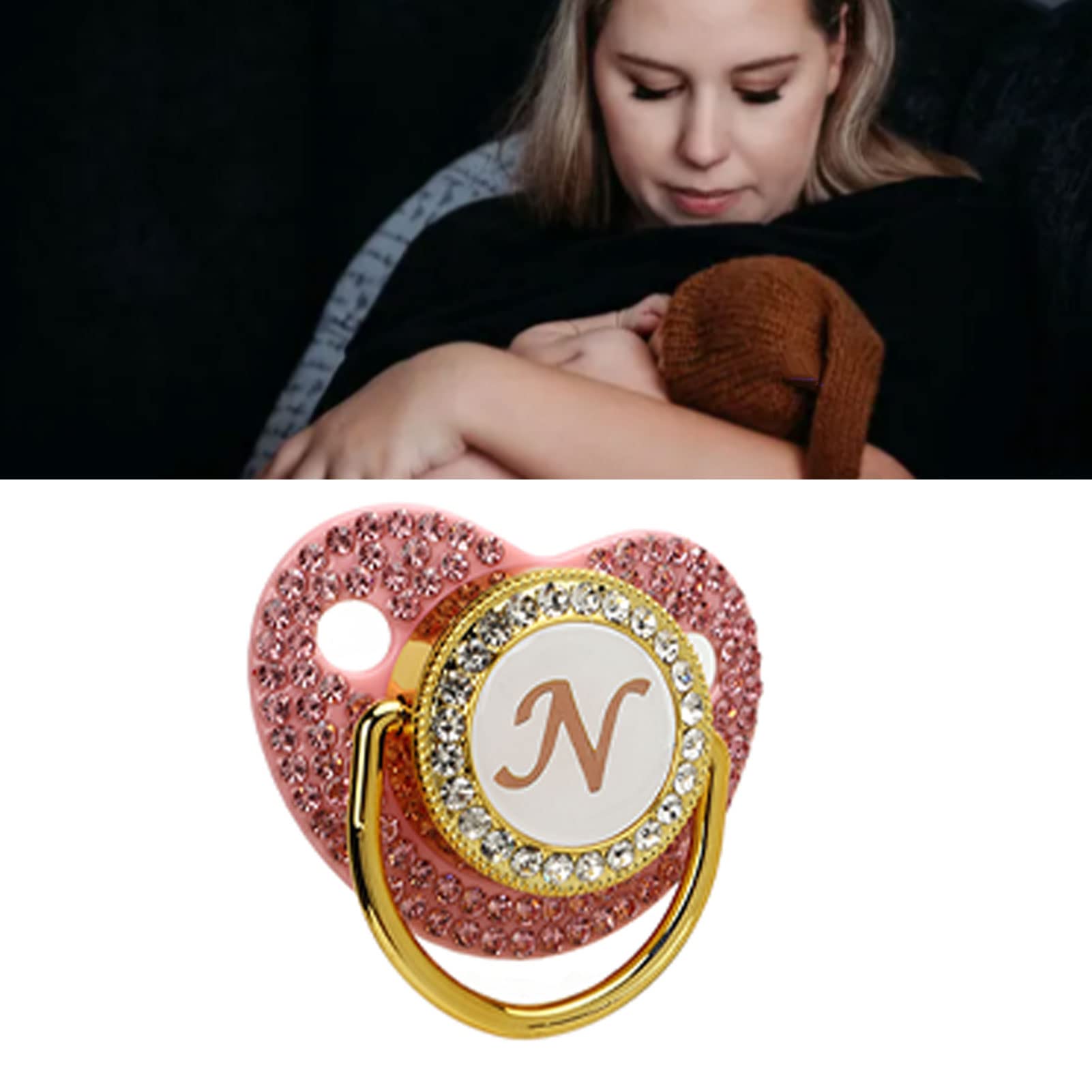 Chupete de Silicona Sorandy Dorado Curvo con Clip de Letras y Diamantes de Imitación para Bebé