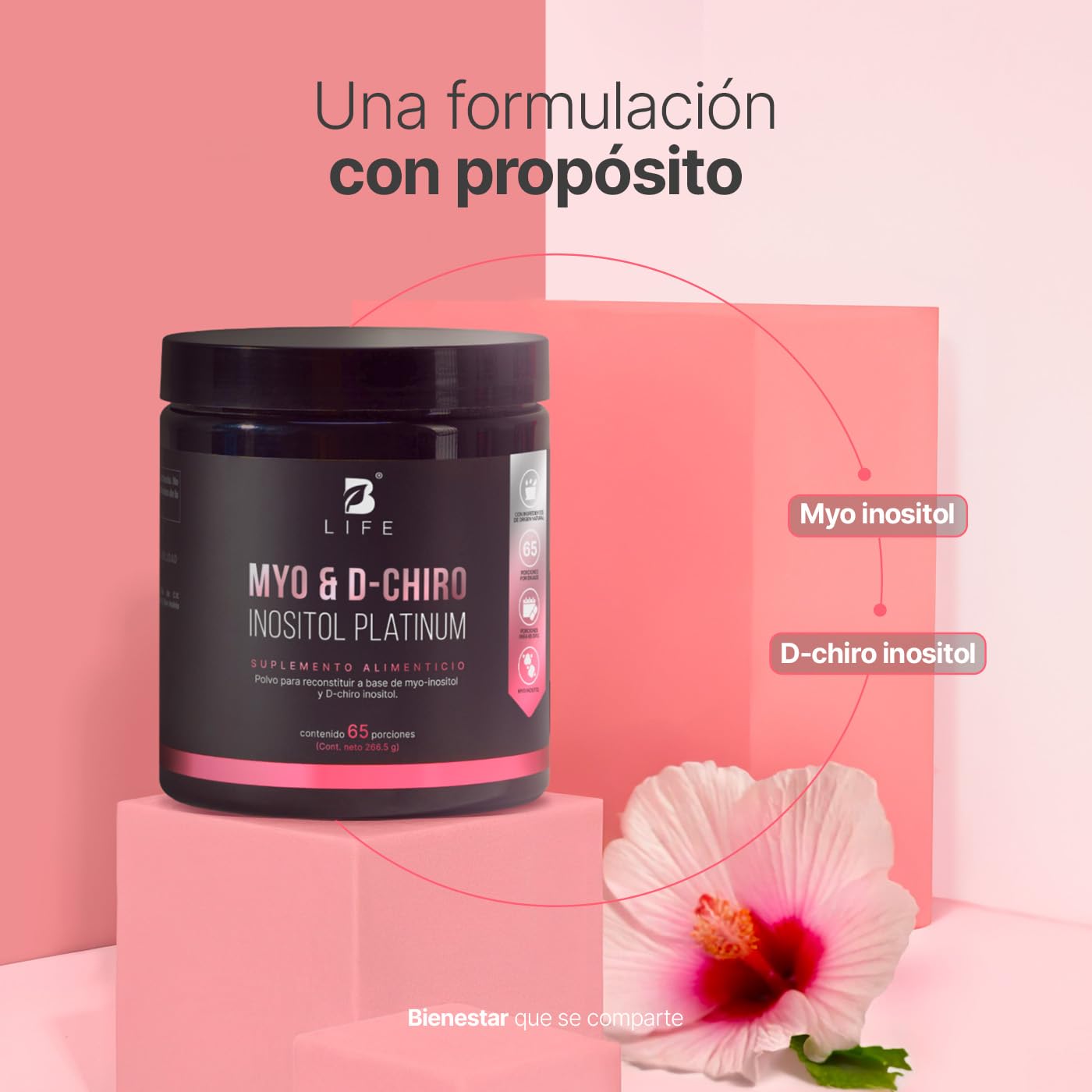 B Life Myo y D-Chiro Inositol | 65 Porciones | Mezcla de 40:1 | Myo & D-Chiro Inositol Platinum 266.5 Gramos.