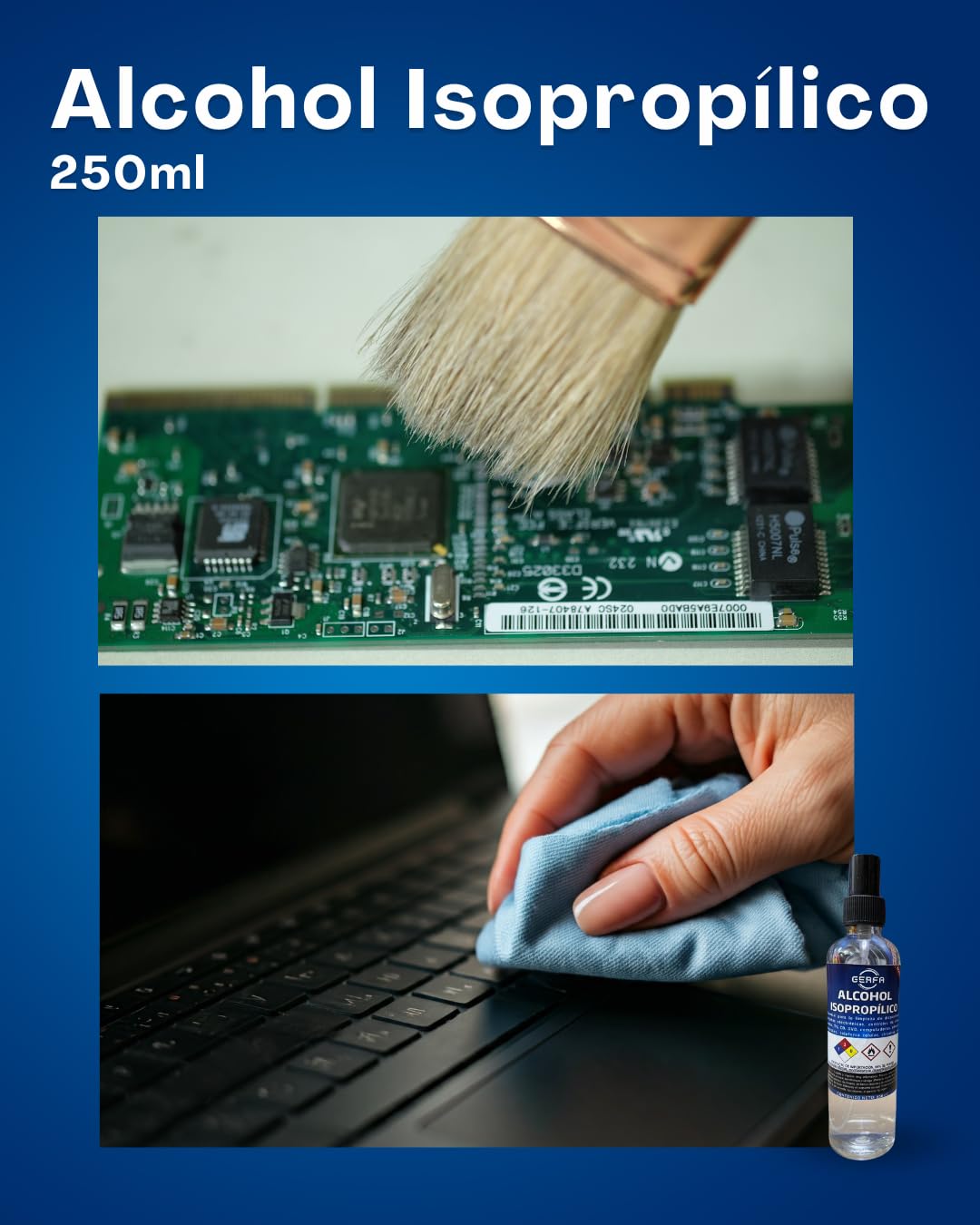 GERFA Alcohol Isopropílico 99% Puro 250ml | Limpieza Electrónica, Dispositivos, Lentes, Circuitos y Más | Evaporación Rápida y Libre de Residuos