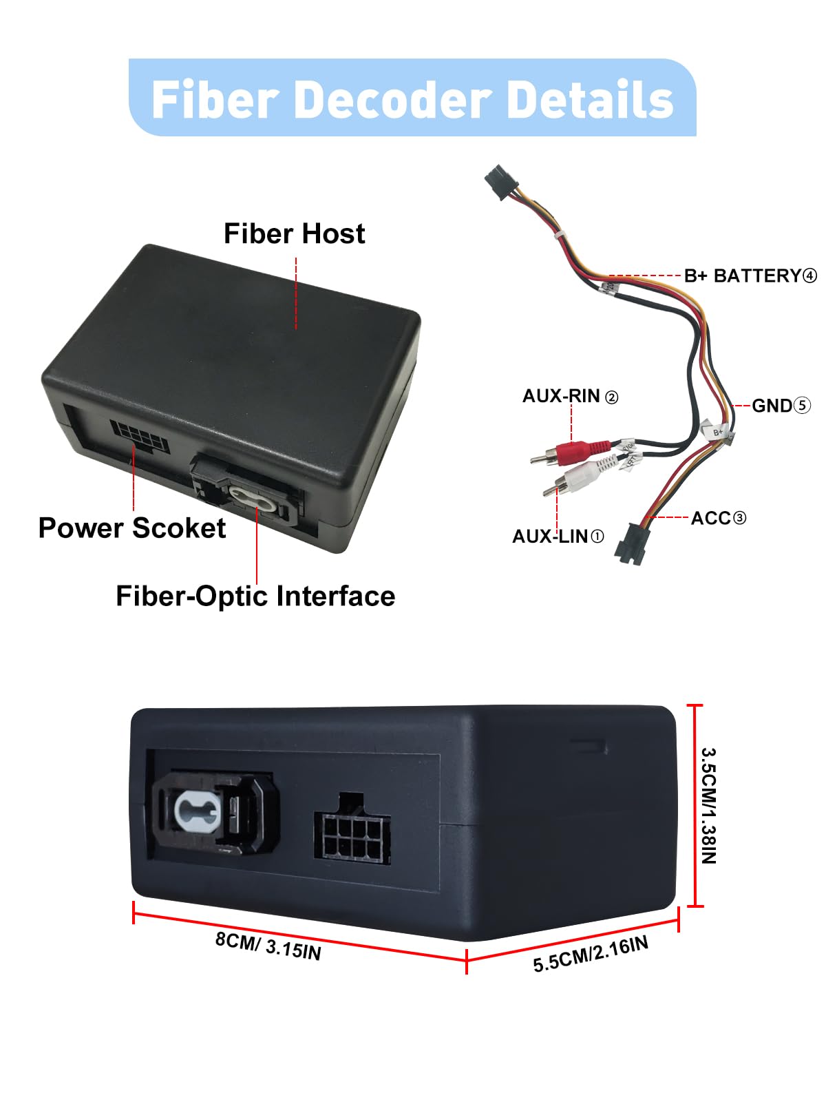 Decodificador de Fibra para Mercedes Porsche VW Adaptador de Audio Estéreo de Repuesto