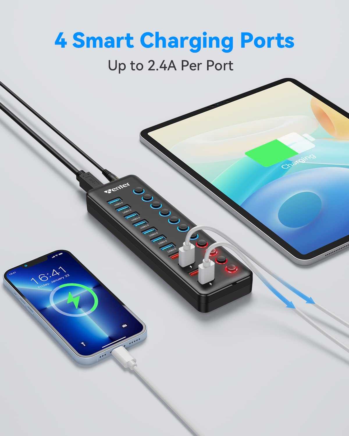 Hub USB 3.0 Wenter 11 Puertos con Alimentación Inteligente para Mac, Windows, Chrome y Linux