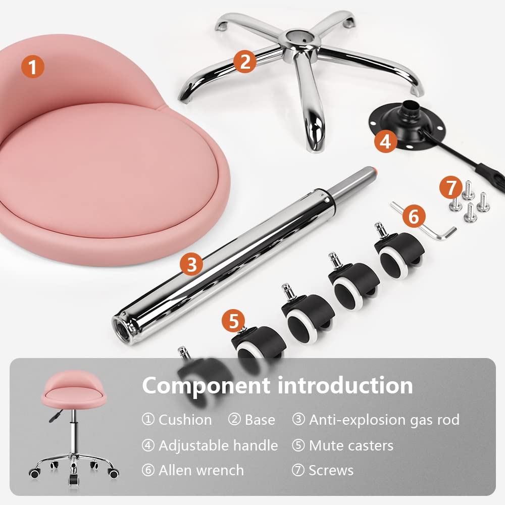 KKTONER Taburetes Giratorios con Respaldo Bajo Taburetes Redondos Rodantes Rosa Taburete Silla con Ruedas para el Hogar Salón Facial SPA Masaje Tatuajes Trabajo