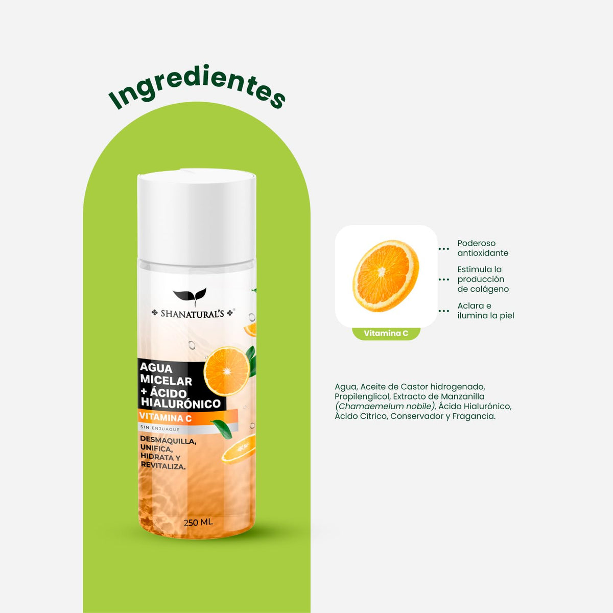 Agua Micelar con Ácido Hialurónico y Vitamina C, 250 mL