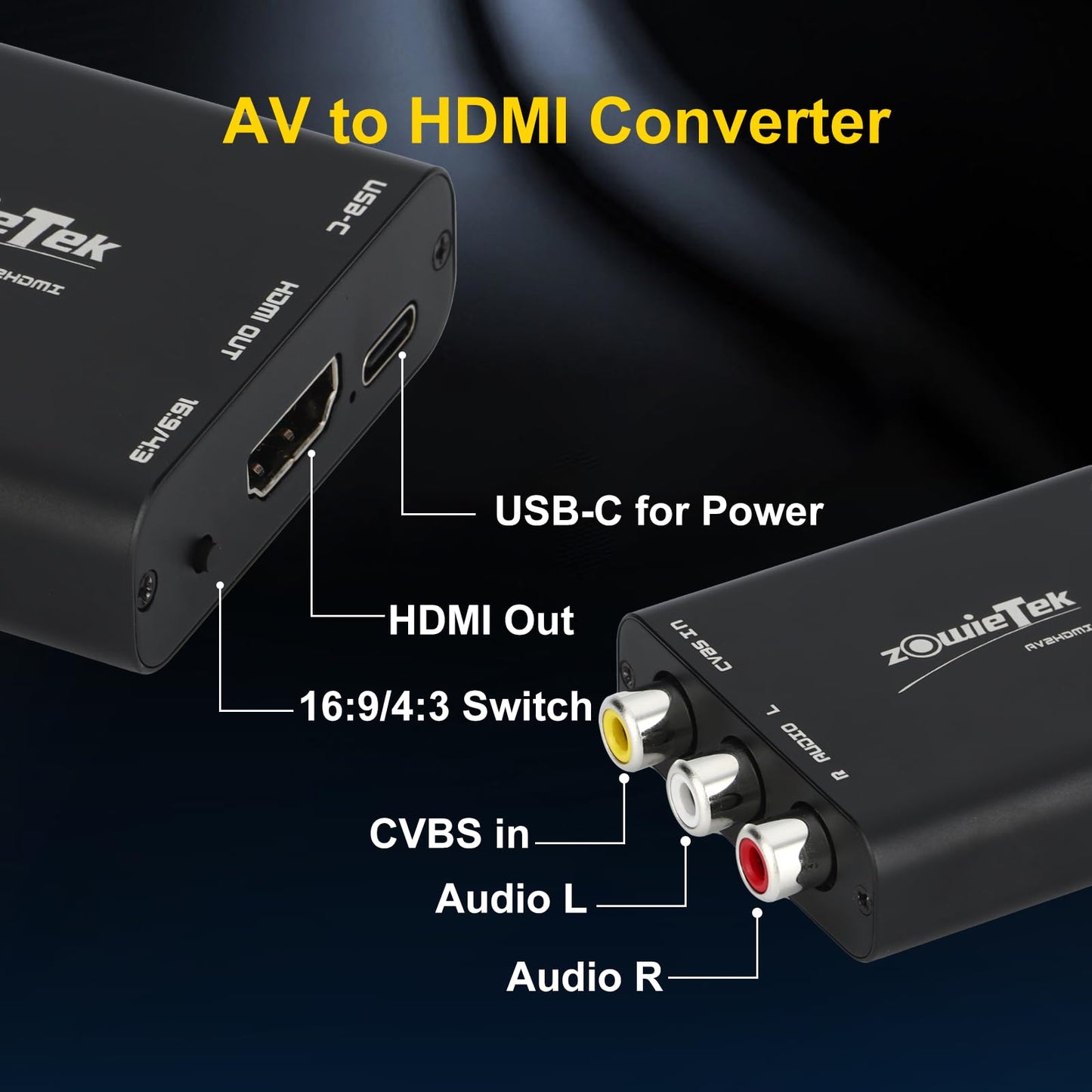Convertidor AV/RCA/CVBS a HDMI, sin latencia para Juegos, Plug & Play, Aluminio Duradero, Switch 4:3/16:9, alimentación Tipo C, Compatible con Wii, N64, PS, SNES, DVD, VHS, VCR y PC.