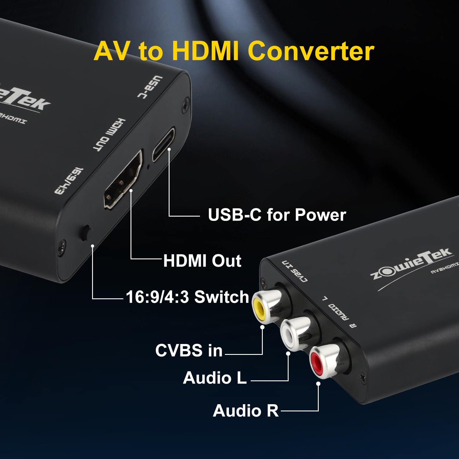 Convertidor AV/RCA/CVBS a HDMI, sin latencia para Juegos, Plug & Play, Aluminio Duradero, Switch 4:3/16:9, alimentación Tipo C, Compatible con Wii, N64, PS, SNES, DVD, VHS, VCR y PC.