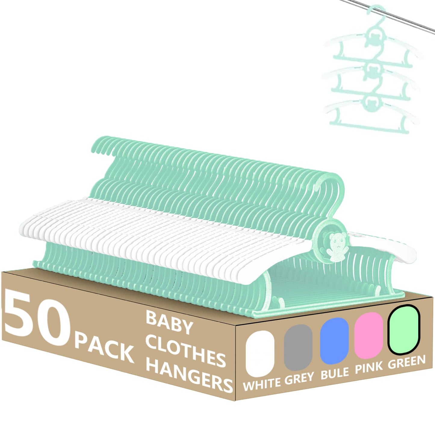 HGYZE - Perchas para niños para clóset, 50 Unidades, Color Verde, de 11 a 14 Pulgadas, Ajustables, de plástico, con Gancho para Oso, Antideslizantes, para niños, recién Nacidos, Adolescentes, Ropa