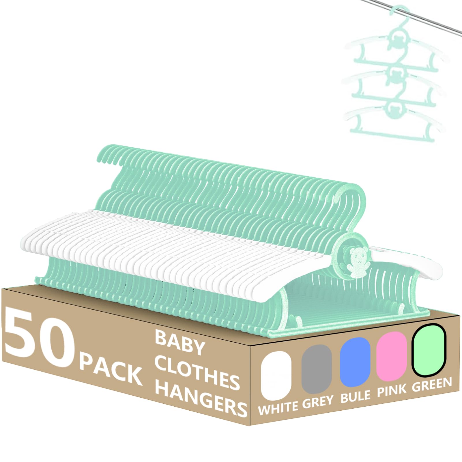 HGYZE - Perchas para niños para clóset, 50 Unidades, Color Verde, de 11 a 14 Pulgadas, Ajustables, de plástico, con Gancho para Oso, Antideslizantes, para niños, recién Nacidos, Adolescentes, Ropa