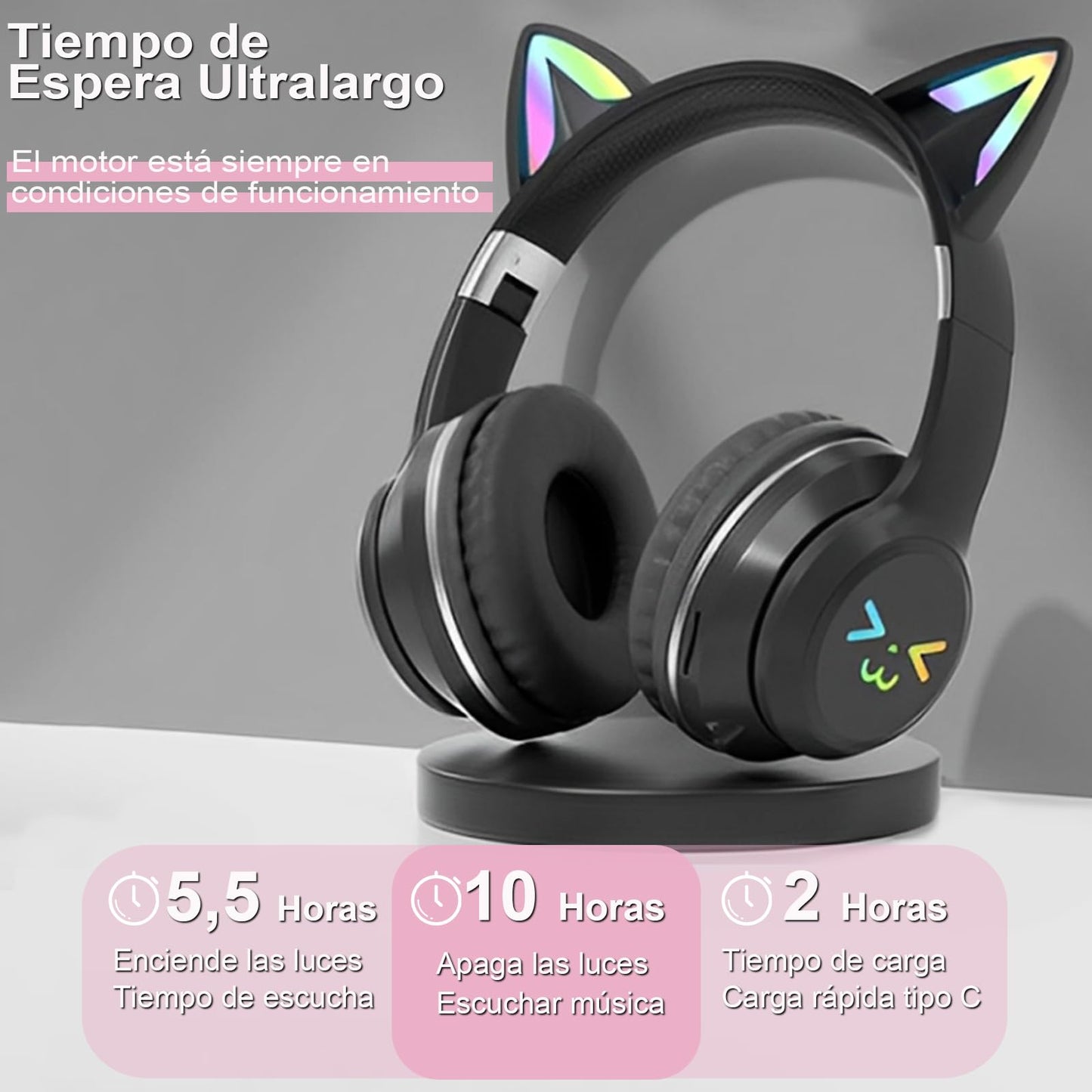 Audífonos Inalámbricos UDUEUD Rosa Orejas de Gato Parpadeantes para Niña
