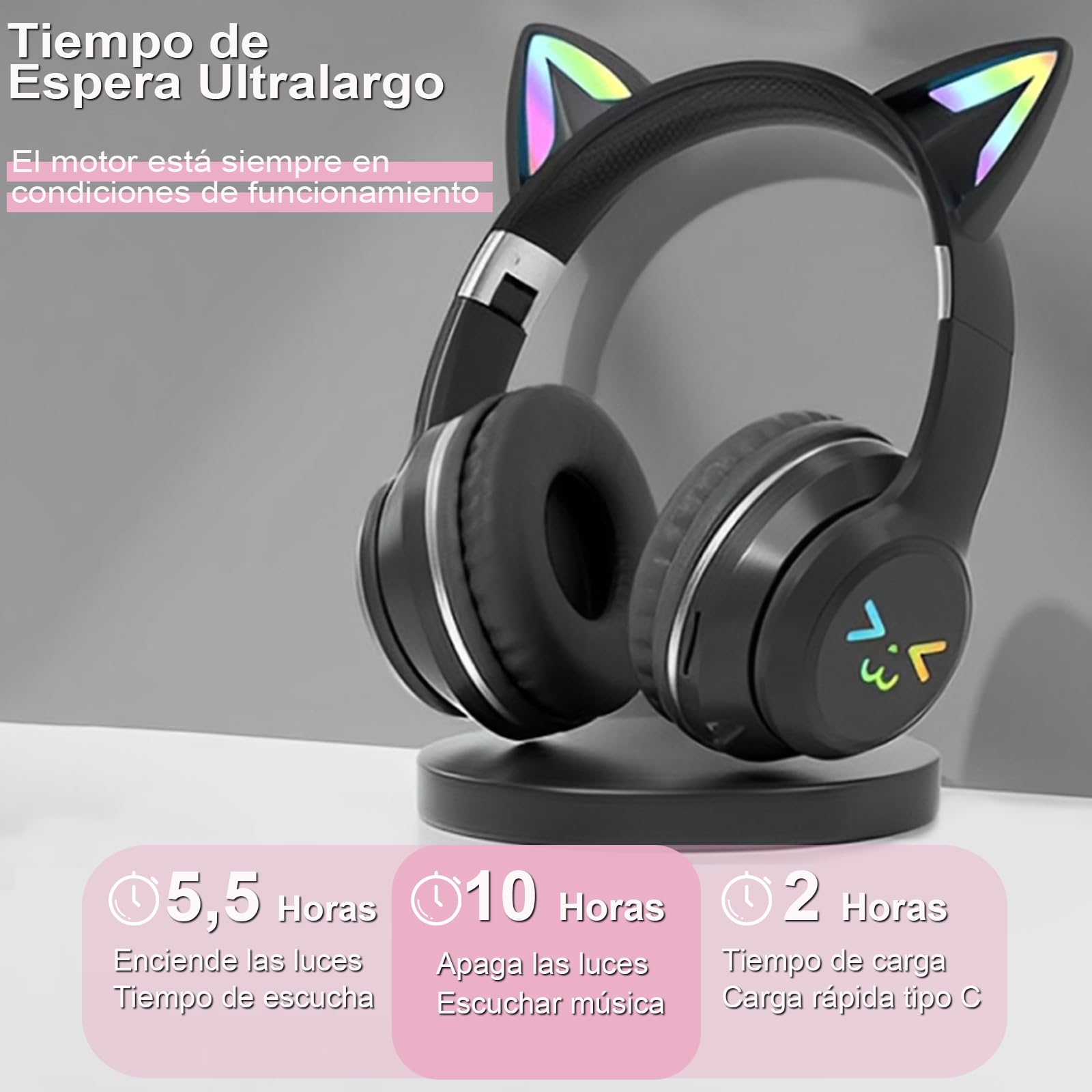 Audífonos Inalámbricos UDUEUD Rosa Orejas de Gato Parpadeantes para Niña