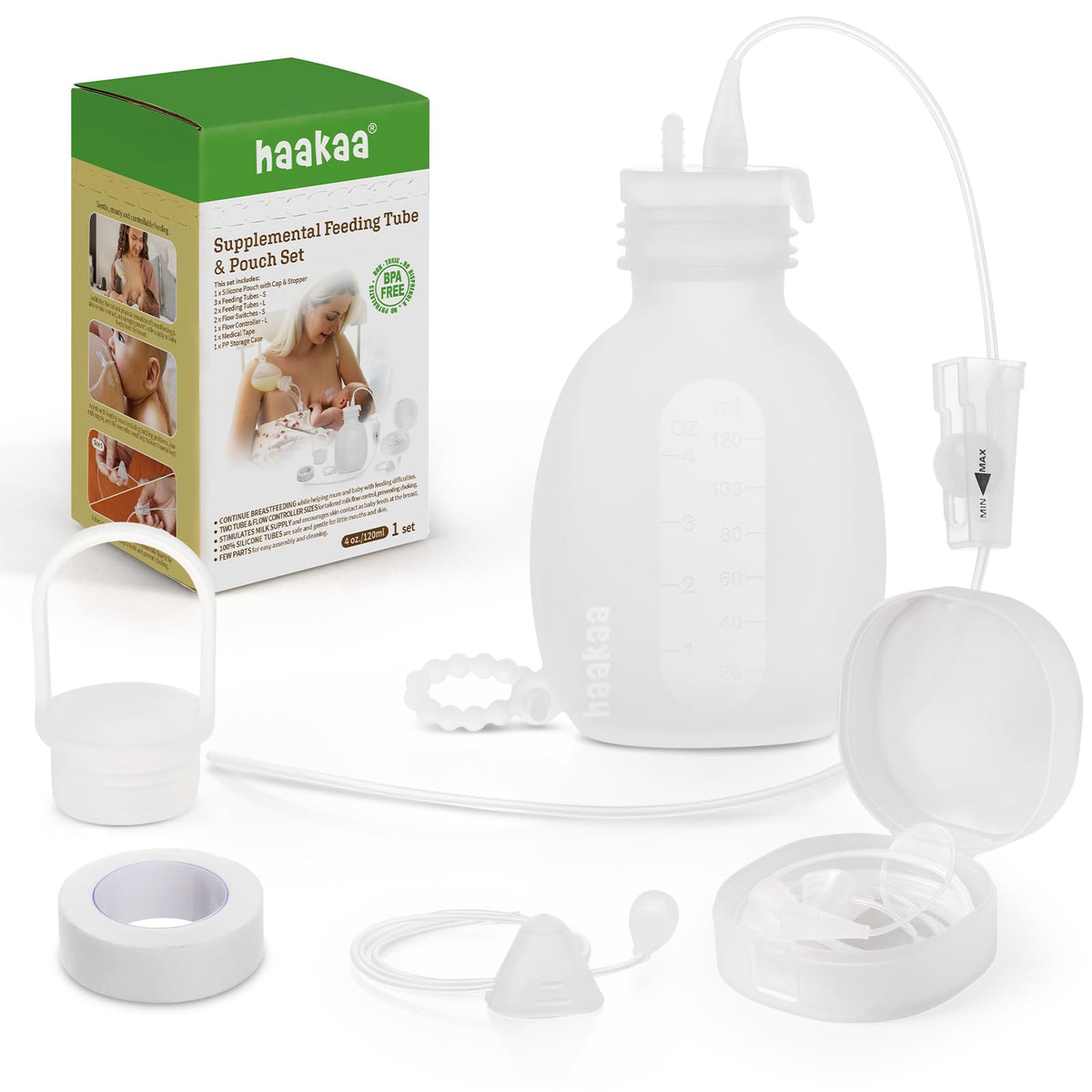haakaa Set de Tubo y Bolsa para Alimentación Suplementaria, Sistema de Lactancia Suplementaria para Bebés, Sistema de Lactancia SNS, Silicona de Grado Alimenticio, Nuevo Diseño Mejorado con Control de