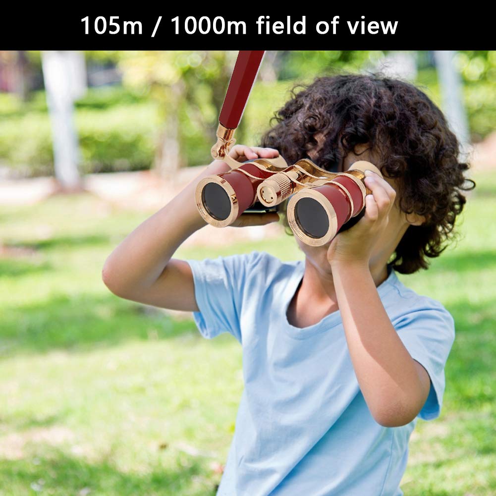 Fosa Binoculares, telescopio Binocular portátil de Aumento 3X Opera con Lente óptica de 25 mm, Campo de visión de 105 m/1000 m, Limpieza de Lentes, Regalos para Teatro, Mujeres, niñas, niños(Rojo)