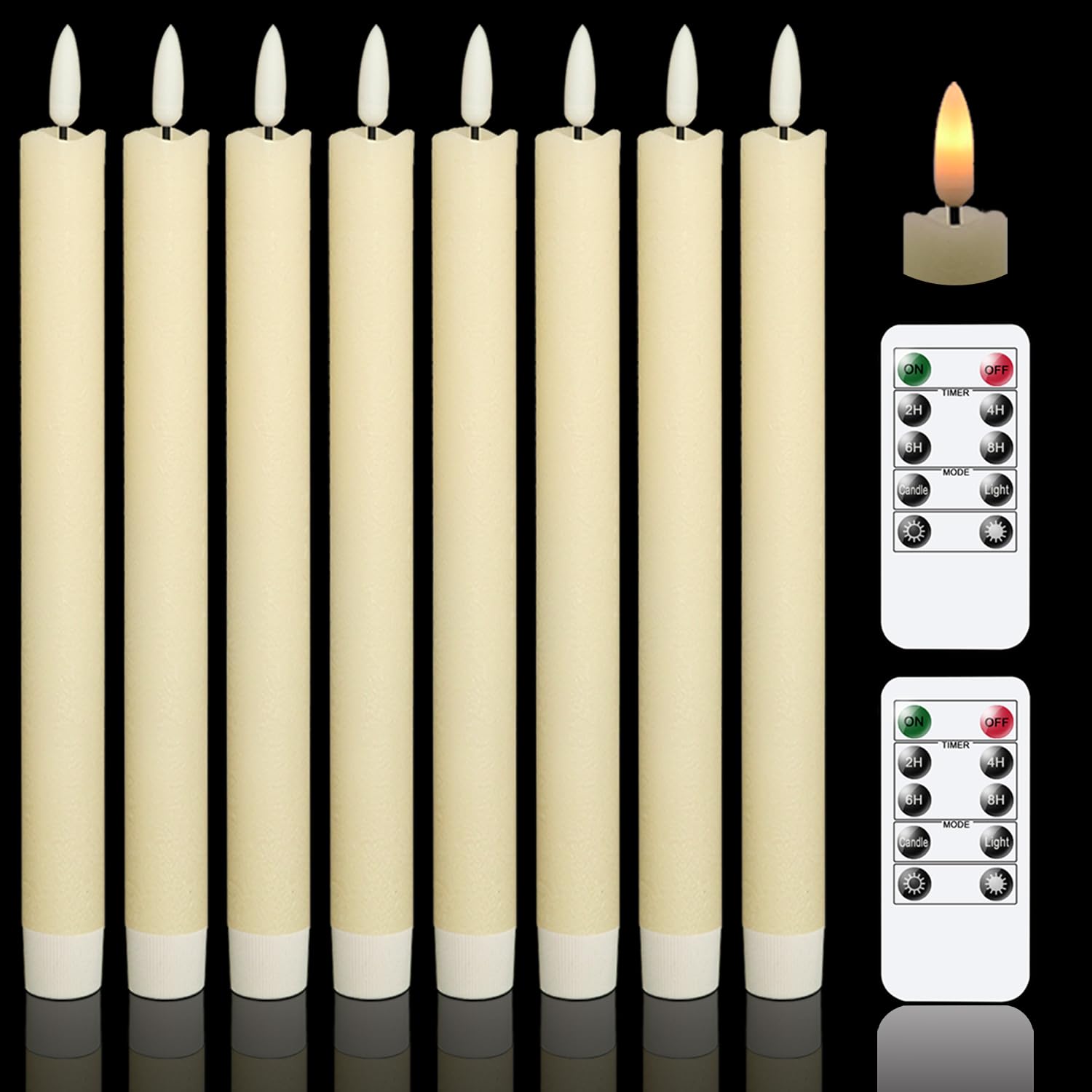 GenSwin - Velas cónicas parpadeantes sin llama con 2 mandos a distancia y temporizador, velas de cera real 3D para ventana, funciona con pilas, paquete de 8, decoración de Navidad para el hogar de