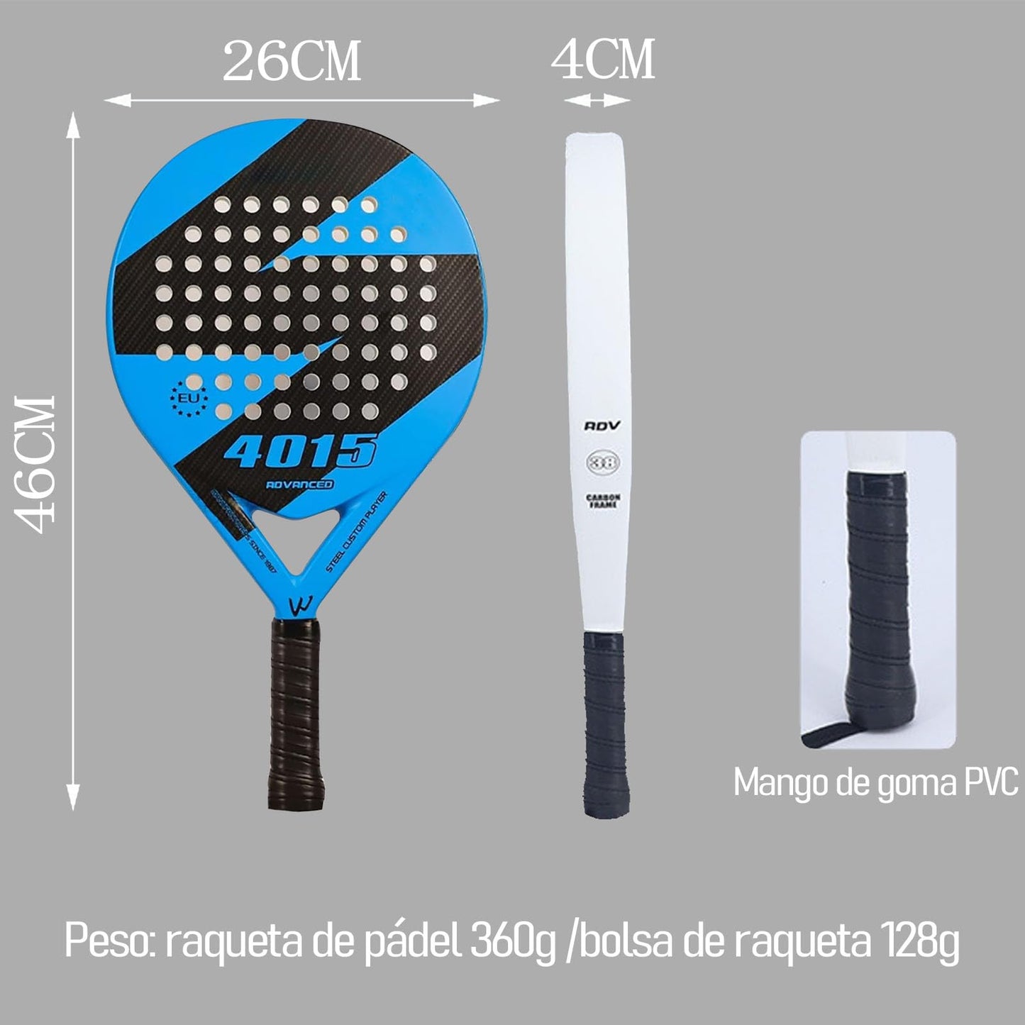 KUEIY Pala de pádel con Funda, con 3 Bolas y Grip, sándwich de Espuma EVA, Fabricada en Fibra de Carbono, Apta para Jugadores Principiantes e intermedios (Azul)