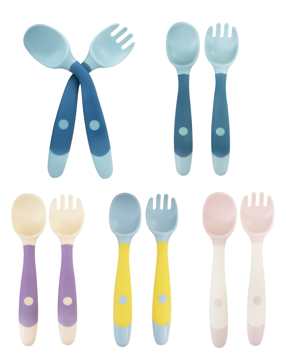 Juego de 10 utensilios para niños, cucharas y tenedores con mango plegable, 5 tenedores y 5 cucharas para niños, juego de alimentación para bebés para autoalimentación, tenedores de cucharas de