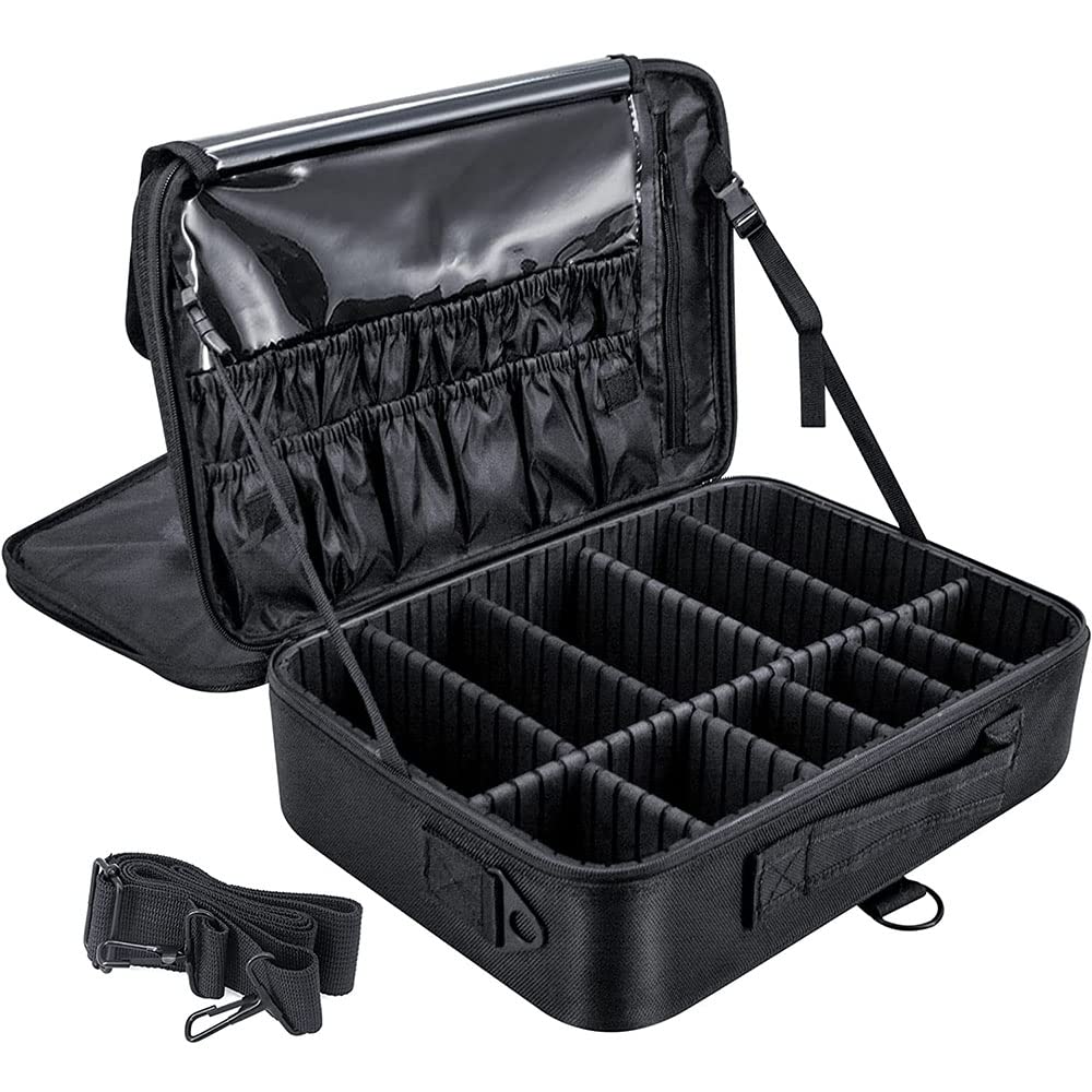 Bolsa de Maquillajede Viaje Estuche Organizador - Bolsa de Cosméticos Impermeable Portátil con Hombro Ajustable y Divisor Ajustable para Pinceles y Herramientas de Belleza (3 Layer, 40x29x13cm,Negro)