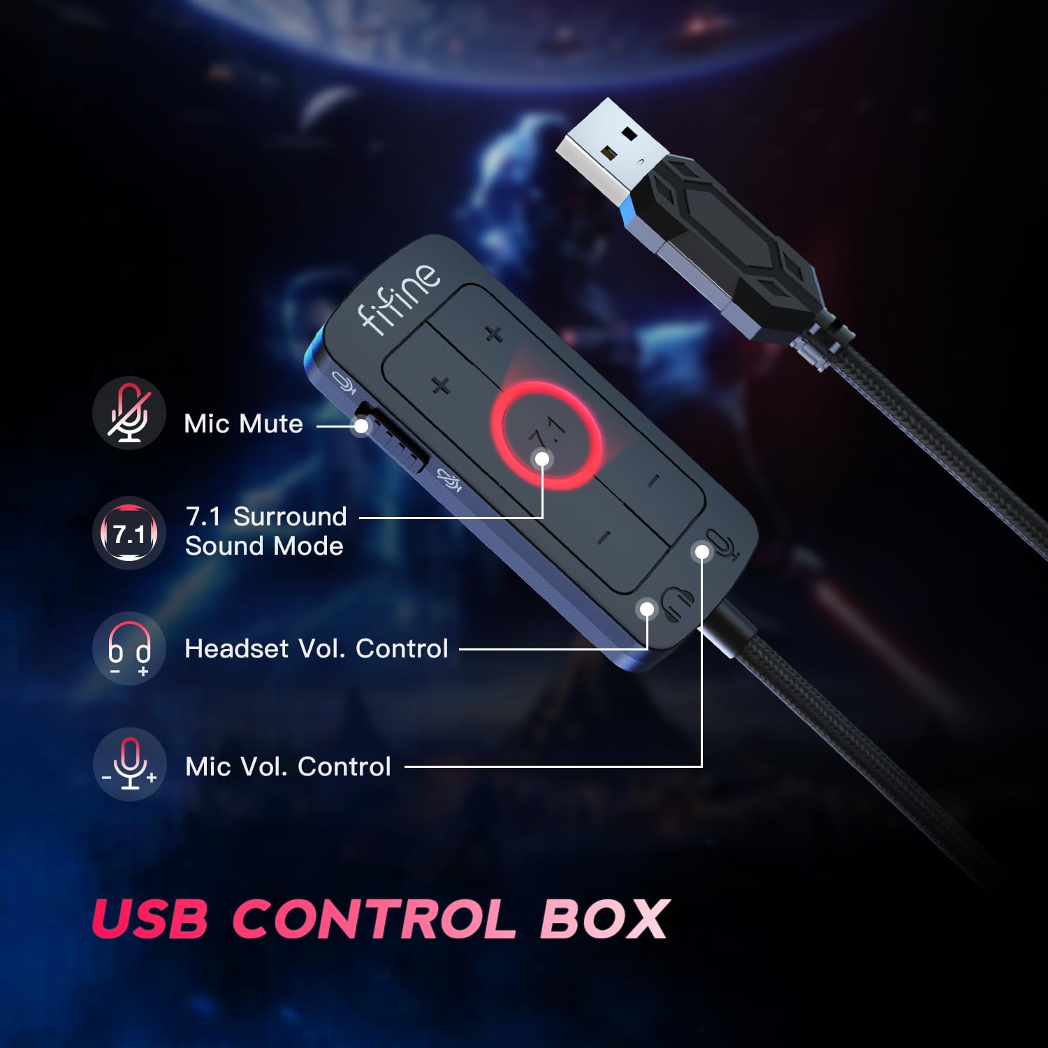 FIFINE Auriculares para Juegos de PC, Auriculares USB con Sonido Envolvente 7.1, micrófono Desmontable, Caja de Control, Conector de Auriculares 3.5 mm, Auriculares con Cable para PS5/Xbox/Switch H9