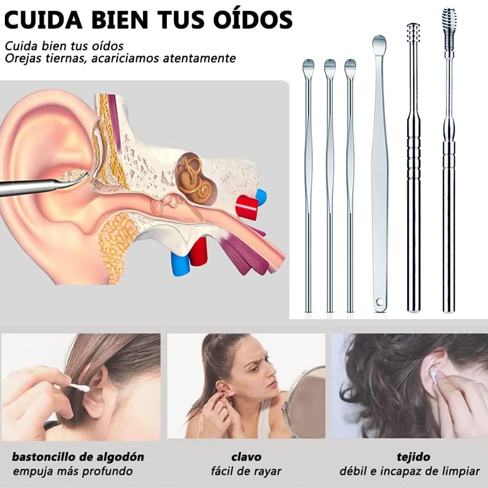 Kit de eliminación de cera del oído,limpiador de oídos,juego de cucharas para orejas,Hermosas y compactas, fáciles de limpiar, herramientas para el cuidado de los oídos fáciles de usar.