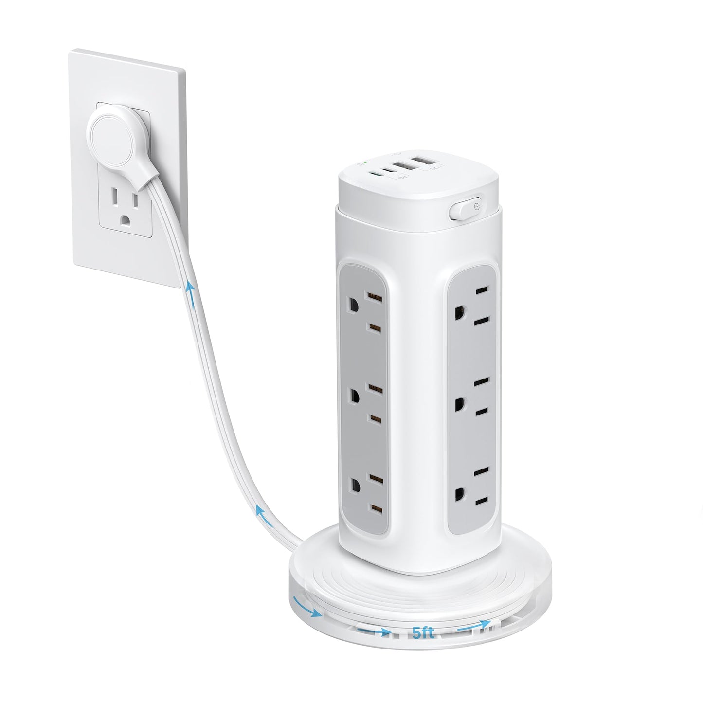 TROND Torre de Regleta Retráctil, Cable de Extensión con Enchufe Plano de 5 pies y Múltiples Tomas, Protector contra Sobretensiones con Puertos USB C PD 20W, 1700J, Suministros para Oficina en Casa