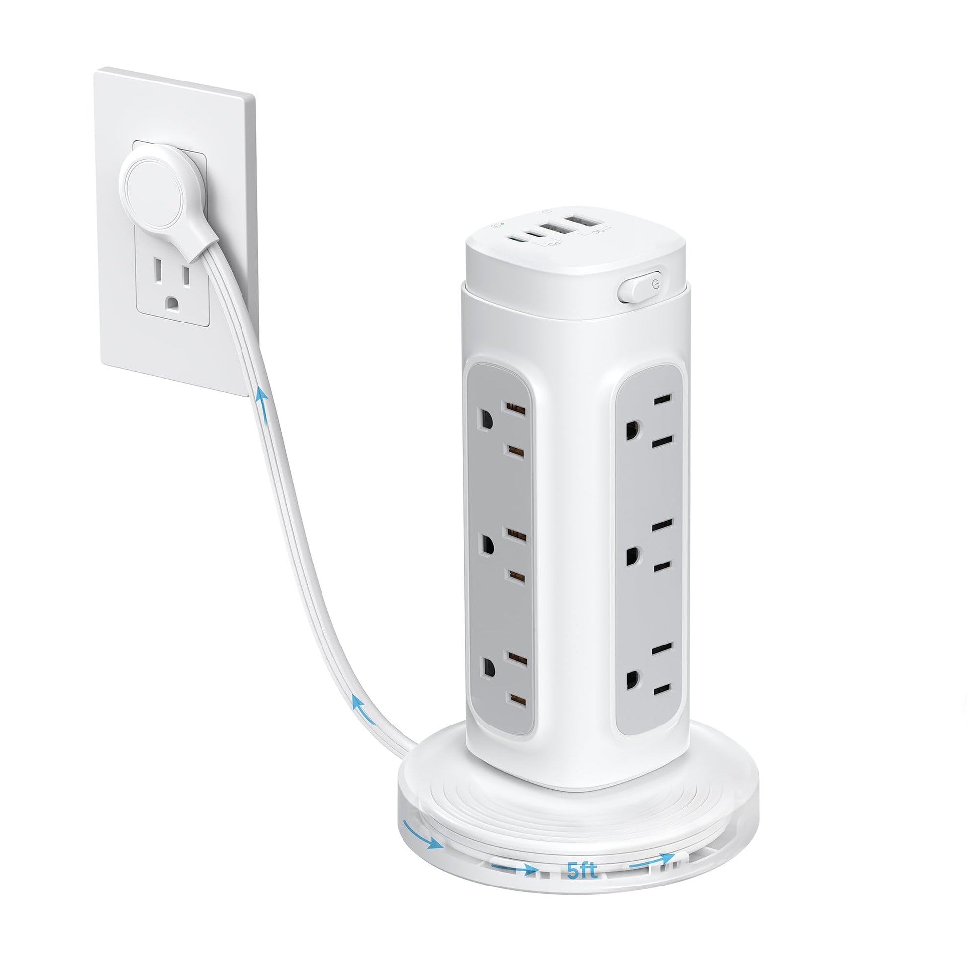 TROND Torre de Regleta Retráctil, Cable de Extensión con Enchufe Plano de 5 pies y Múltiples Tomas, Protector contra Sobretensiones con Puertos USB C PD 20W, 1700J, Suministros para Oficina en Casa