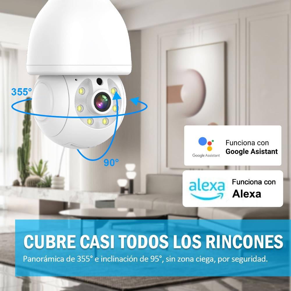 Foco Cámara de Seguridad WiFi EASYTAO Blanco con Visión Nocturna y Audio Bidireccional Compatible con Alexa
