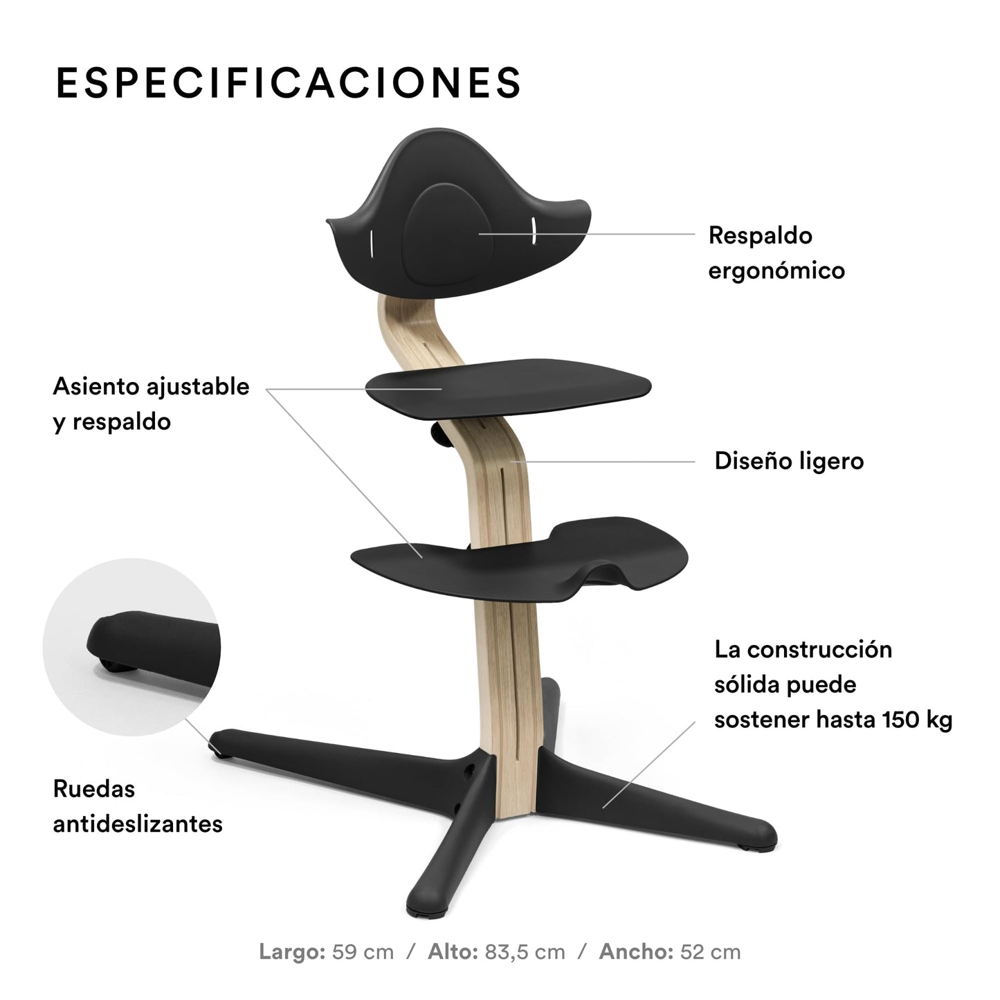 Silla Stokke Nomi, La silla que inspira a sentarse de forma activa - Sin herramientas, ajuste fácil - Incluye un reposapiés estable y ruedas antivuelco - Soporta hasta 150 kg (Negro/Natural)