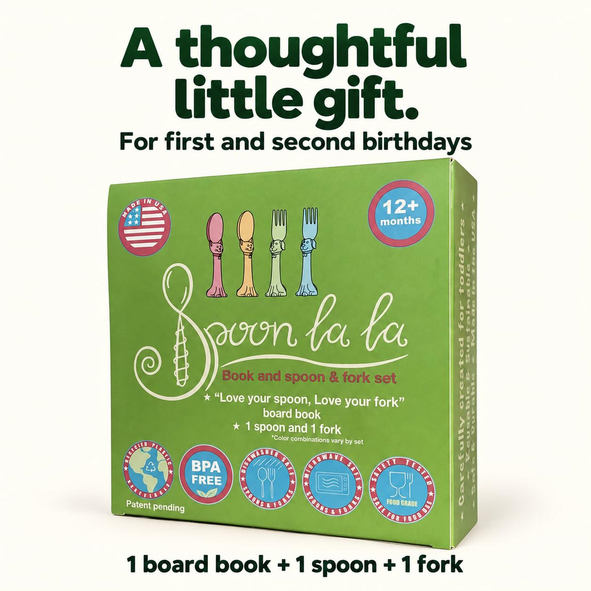Spoon la la - Juego de utensilios para niños pequeños (2 unidades) y libro de tabla para bebés, cuchara y tenedor para niños pequeños de 1 a 3, asas 3D autónomas para gatos y perros, sin BPA, apto