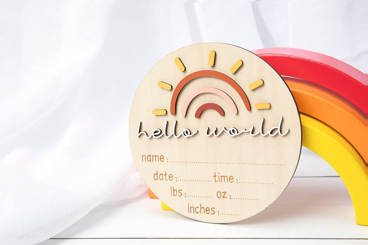 Hello World Sunshine Rainbow - Anuncio de nombre y medidas para bebé recién nacido en el hospital, nacimiento, embarazo, baby shower regalo