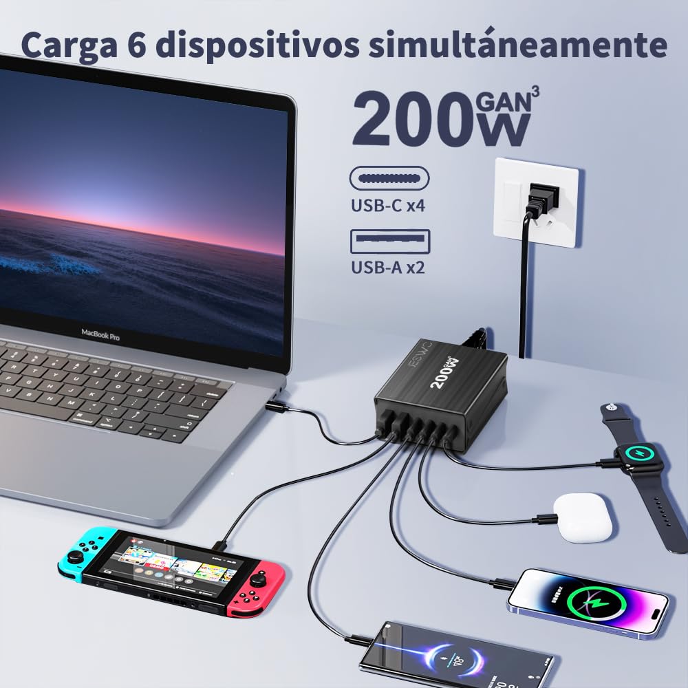 JESWO 200W Cargador USB C GAN, Cargador Tipo C Carga Rapida con 6 Puertos, Puerto de Carga USB c de 100 W y Tres Puertos de Salida PD30 W, compatibles con portátiles, tabletas y Otros Dispositivos