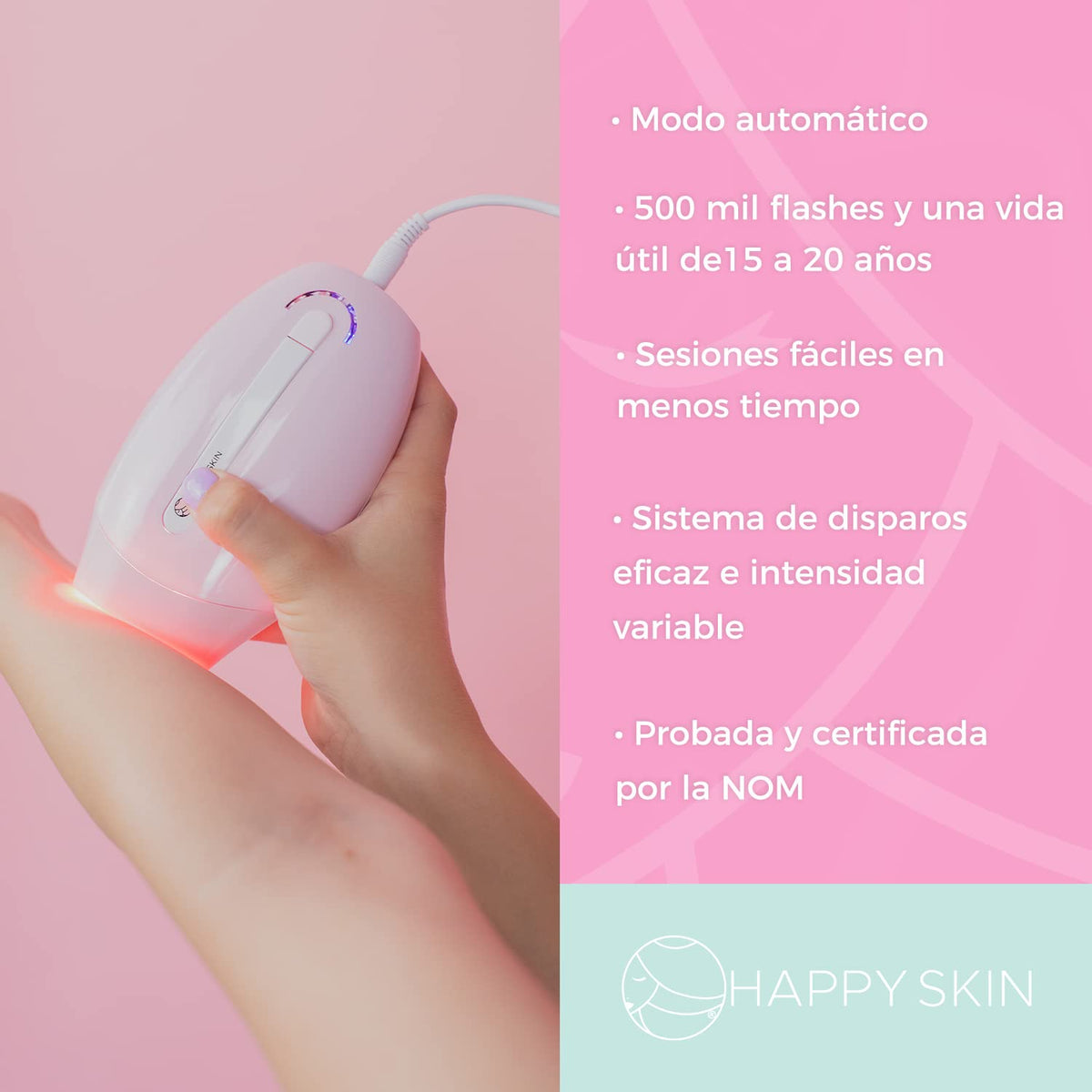 Happy Skin Depiladora de Luz Pulsada - 500,000 Flashes - Nueva Generación – Color Rosa - Depilación Ipl Fácil y Duradera sin Salir de Casa, Indolora y con Resultados Efectivos.