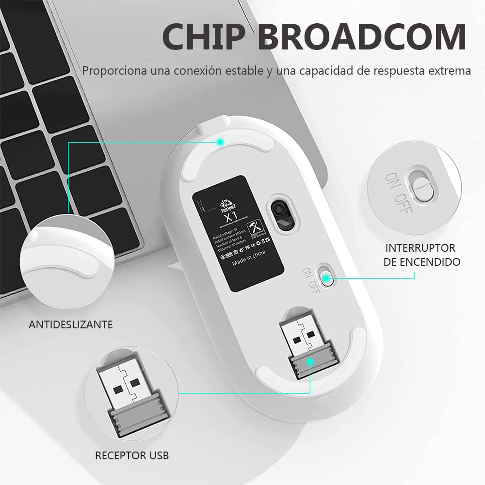 Free wolf X1 Mouse Inalámbrico con Pantalla de Batería, Wireless óptico Recargable 2.4 G Ergonómico Silencioso Click 800/1200/1600 Ajustable dpi Ratón para Computadora,Portátil,PC,Mac (Plata)