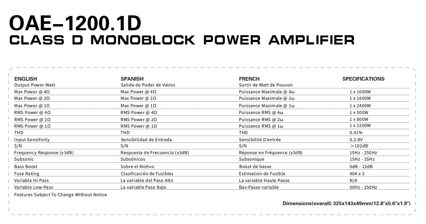 Amplificador Monobloque OceanAudio OAE-1200.1D 2400W con control remoto de subwoofer