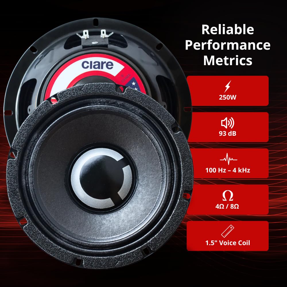 Ciare Americano 8A250M-4, altavoz de rango medio de 8 pulgadas, 4 ohmios, driver de audio de coche de 250 W, bobina de voz de cobre de 1.5 pulgadas, refrigeración del motor ventilado, cono resistente